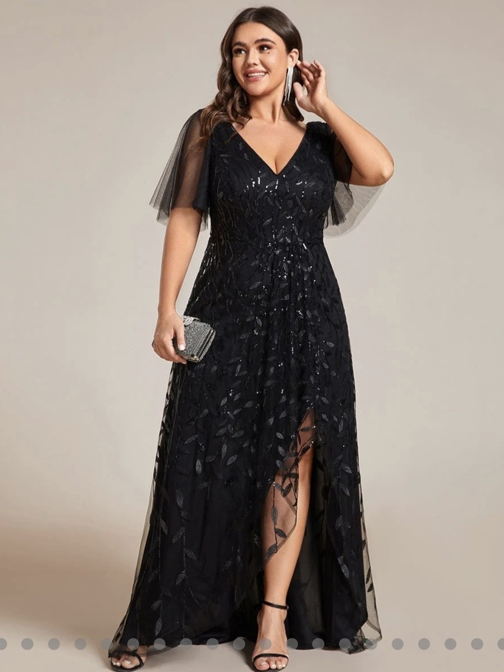 Short Sleeve Sequin High Low V-Neck Midi Formal Evening Dress